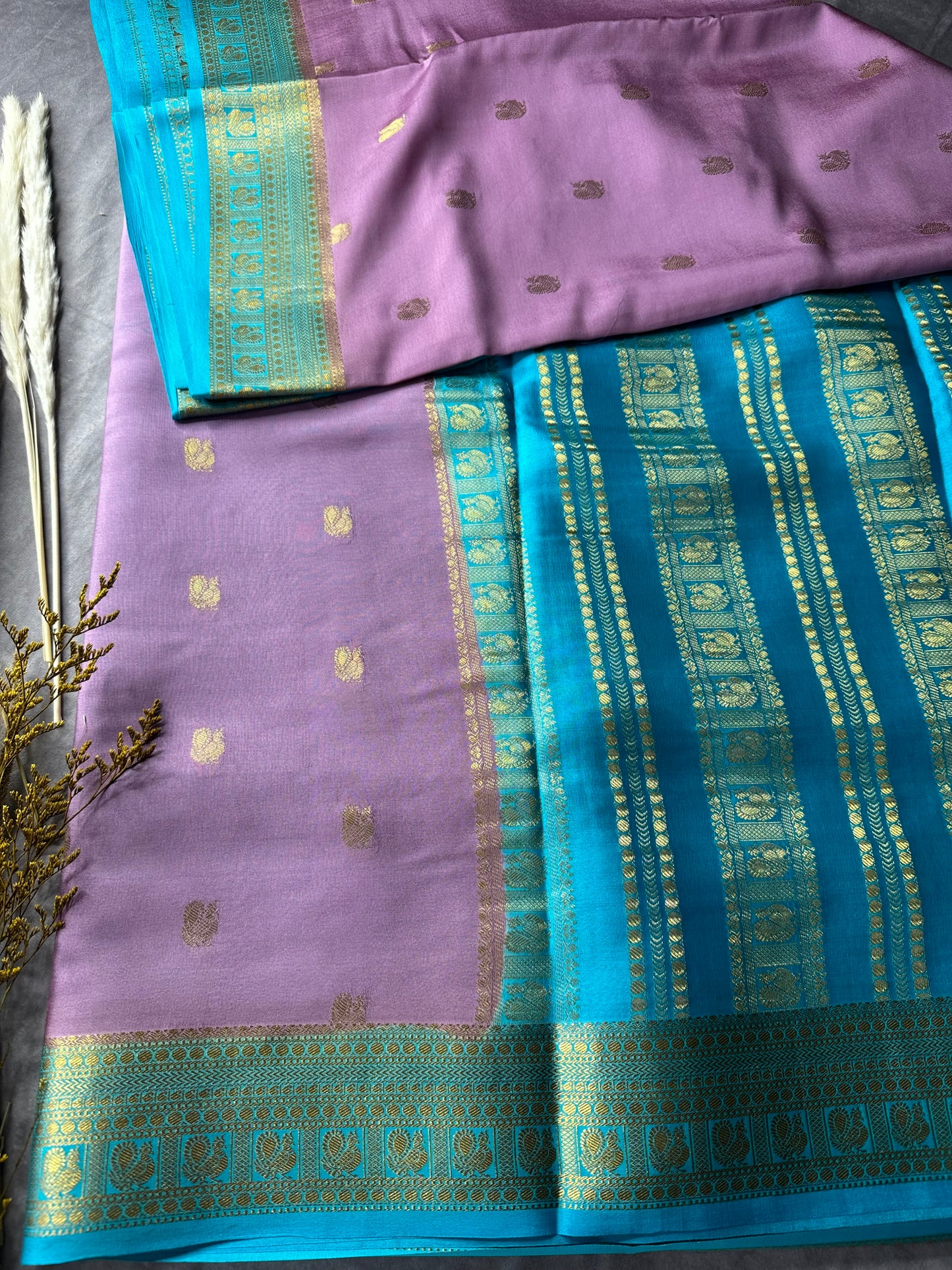 Pink- teal green pure crepe butta silk saree