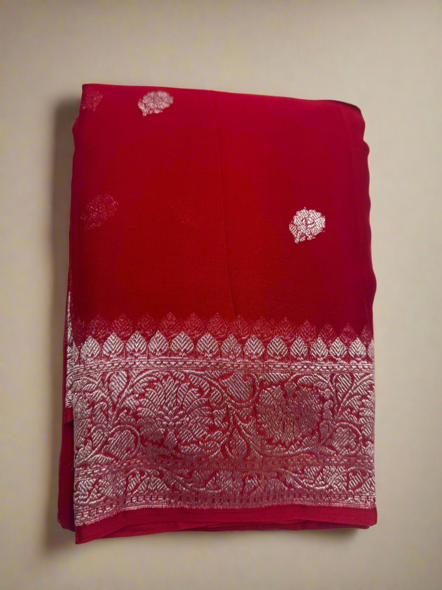DEEP RED CHIFFON GEORGETTE WITH SILVER BUTTA SAREE