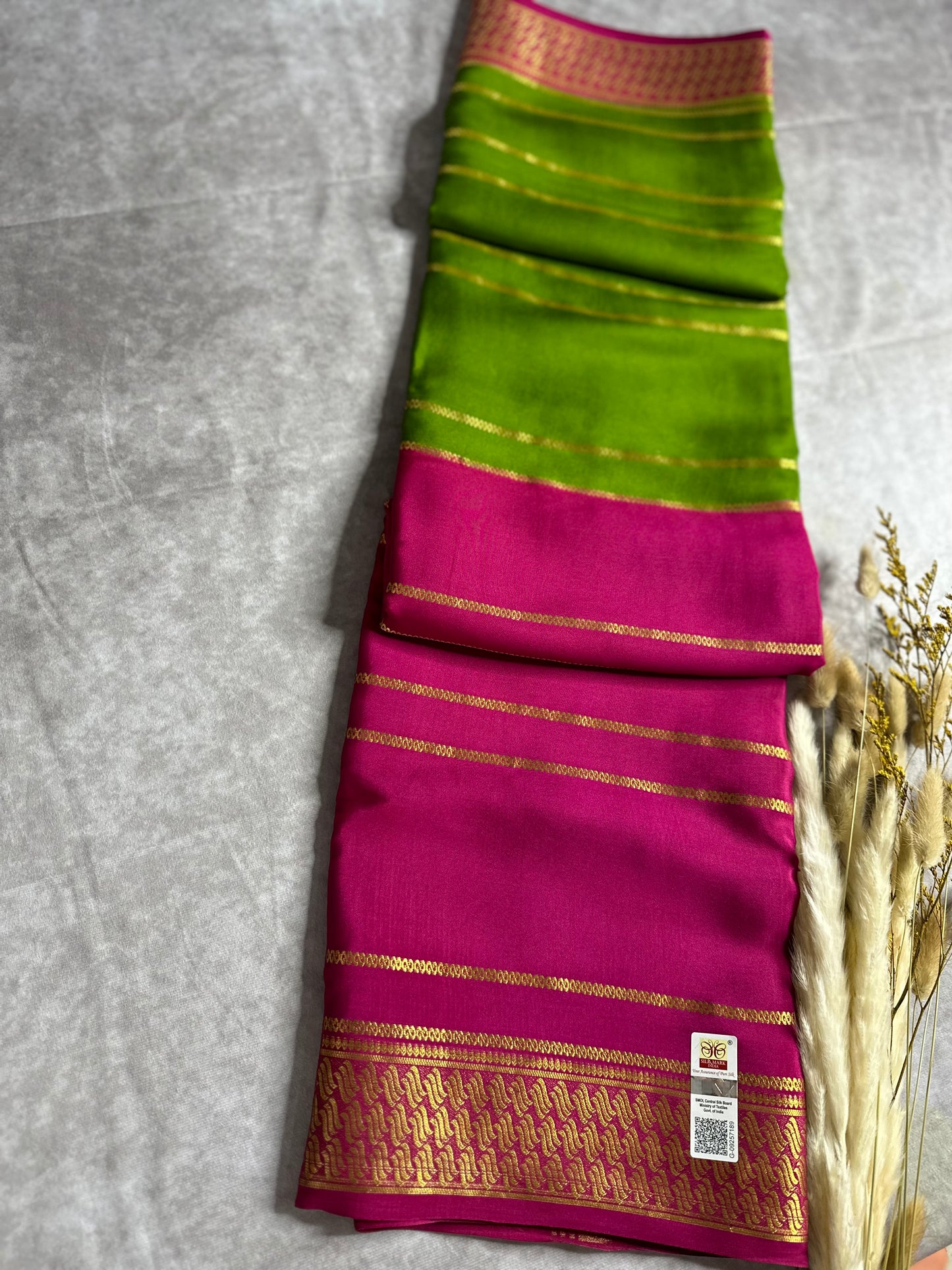 Rani pink-green fancy 1/2 X 1/2 stripes crepe silk saree