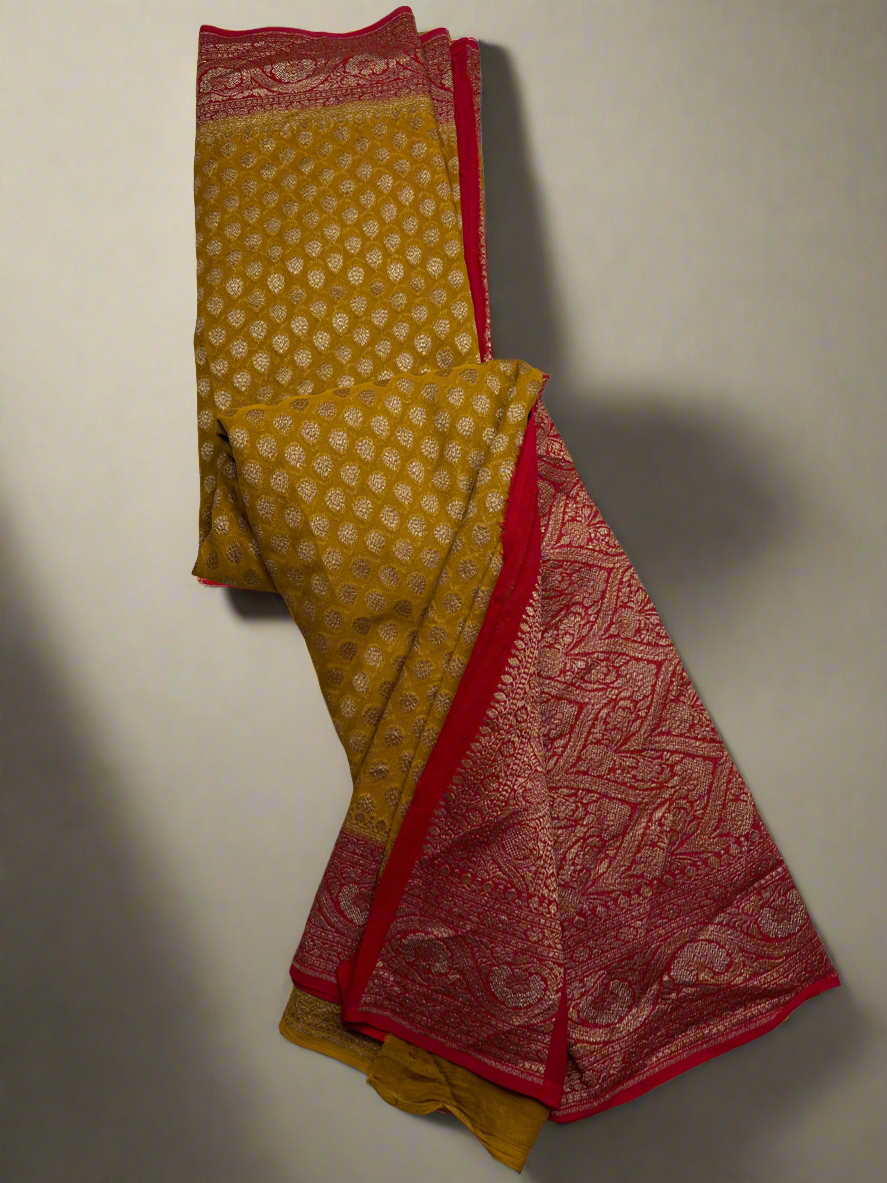 MUSTARD YELLOW WITH RED ANTIQUE ZARI PURE KHADDI GEORGETTE SAREE