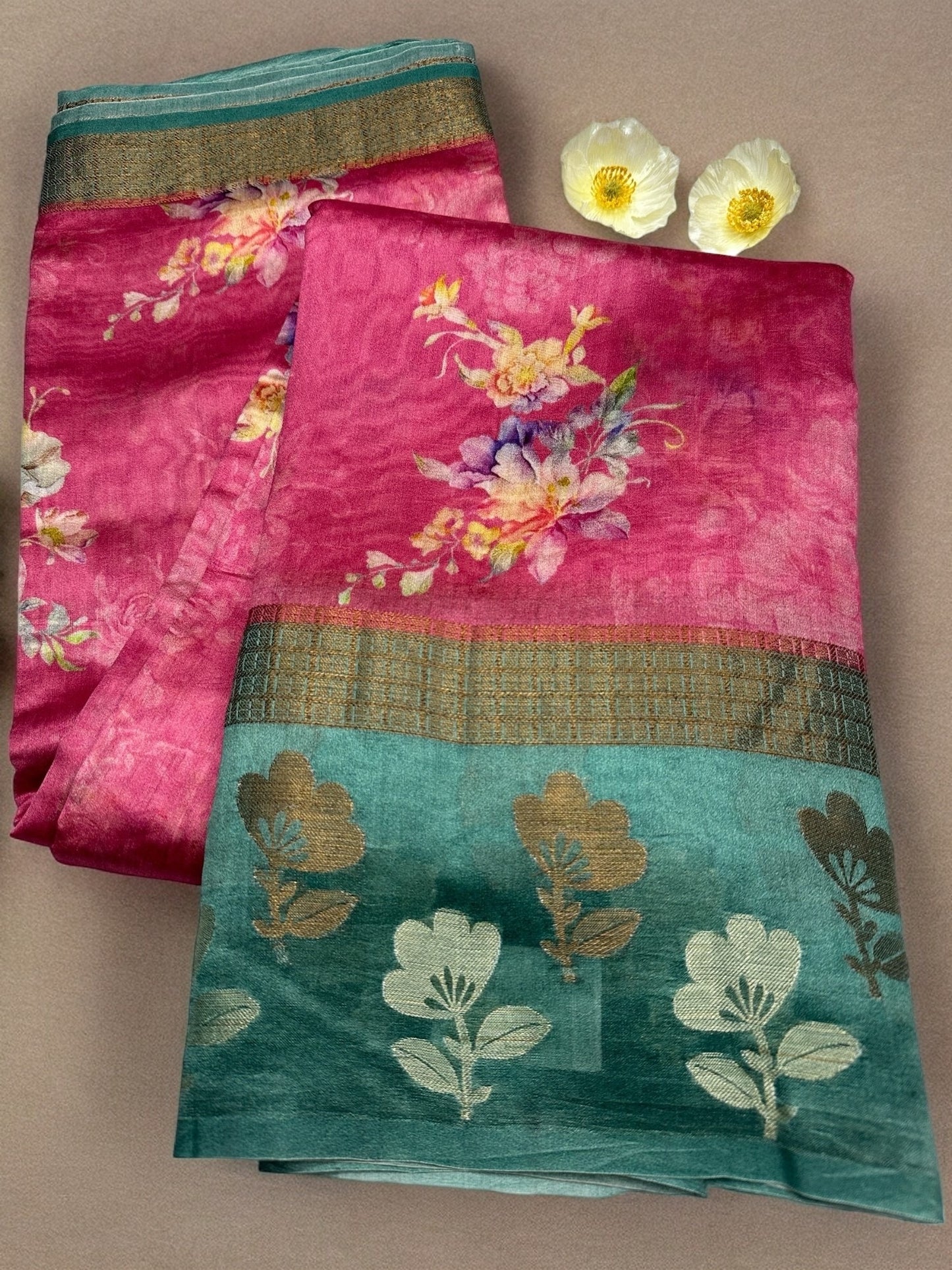 PINK-RAMA GREEN DIGITAL PRINT PURE CHINIYA SILK SAREE