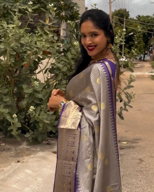 Blue checkered semi silk saree