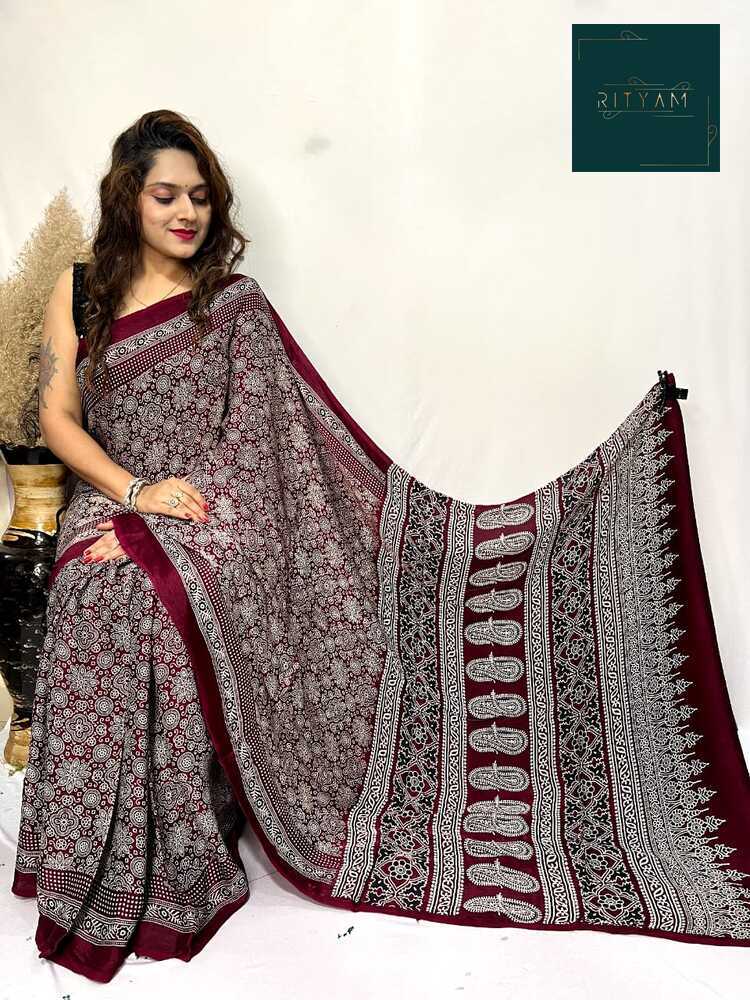 Maroon ajrak printed saree