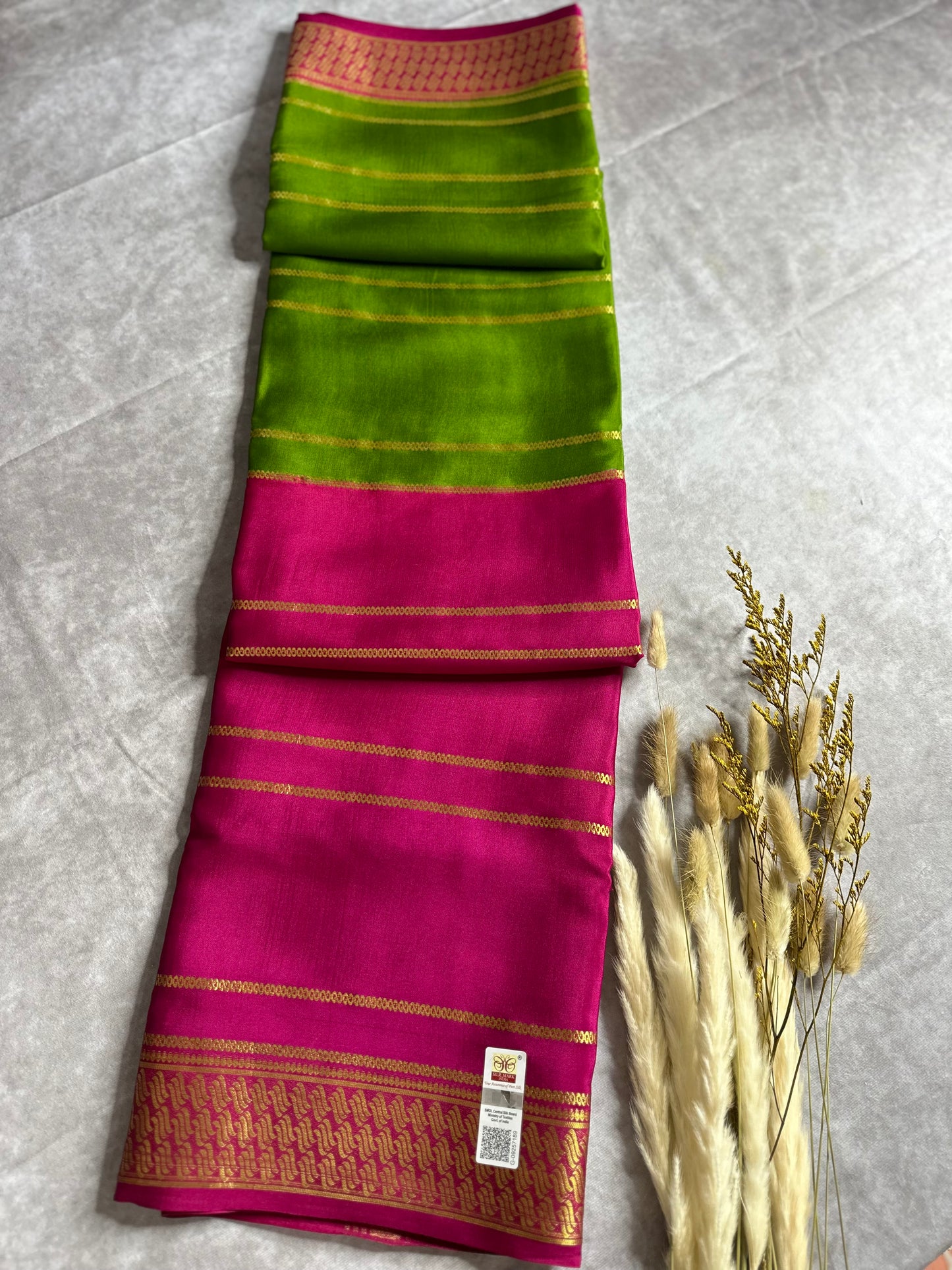 Rani pink-green fancy 1/2 X 1/2 stripes crepe silk saree
