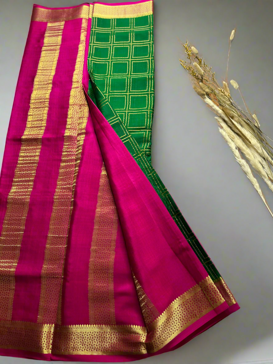 3Line Green-pink box crepe saree