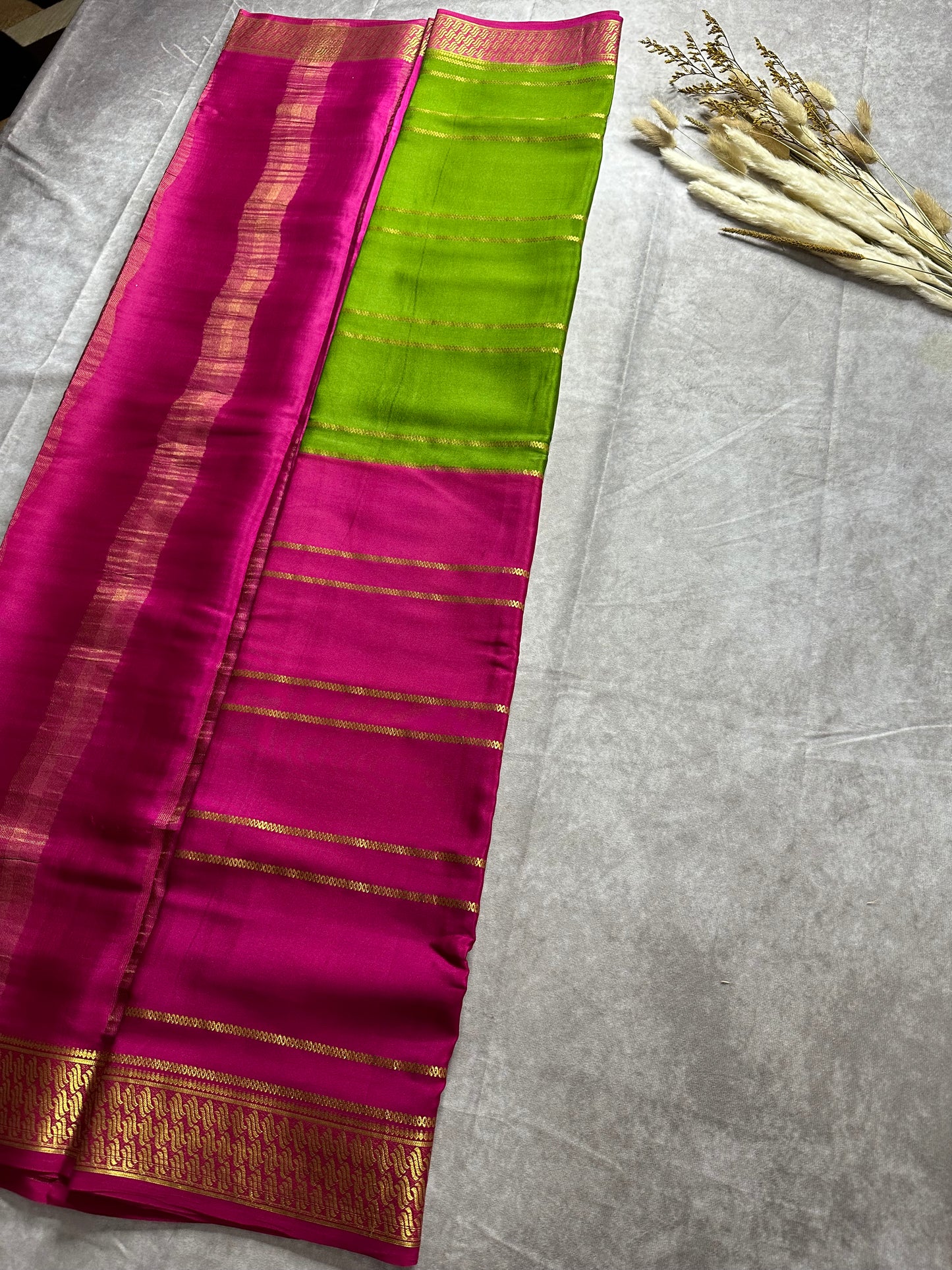 Rani pink-green fancy 1/2 X 1/2 stripes crepe silk saree