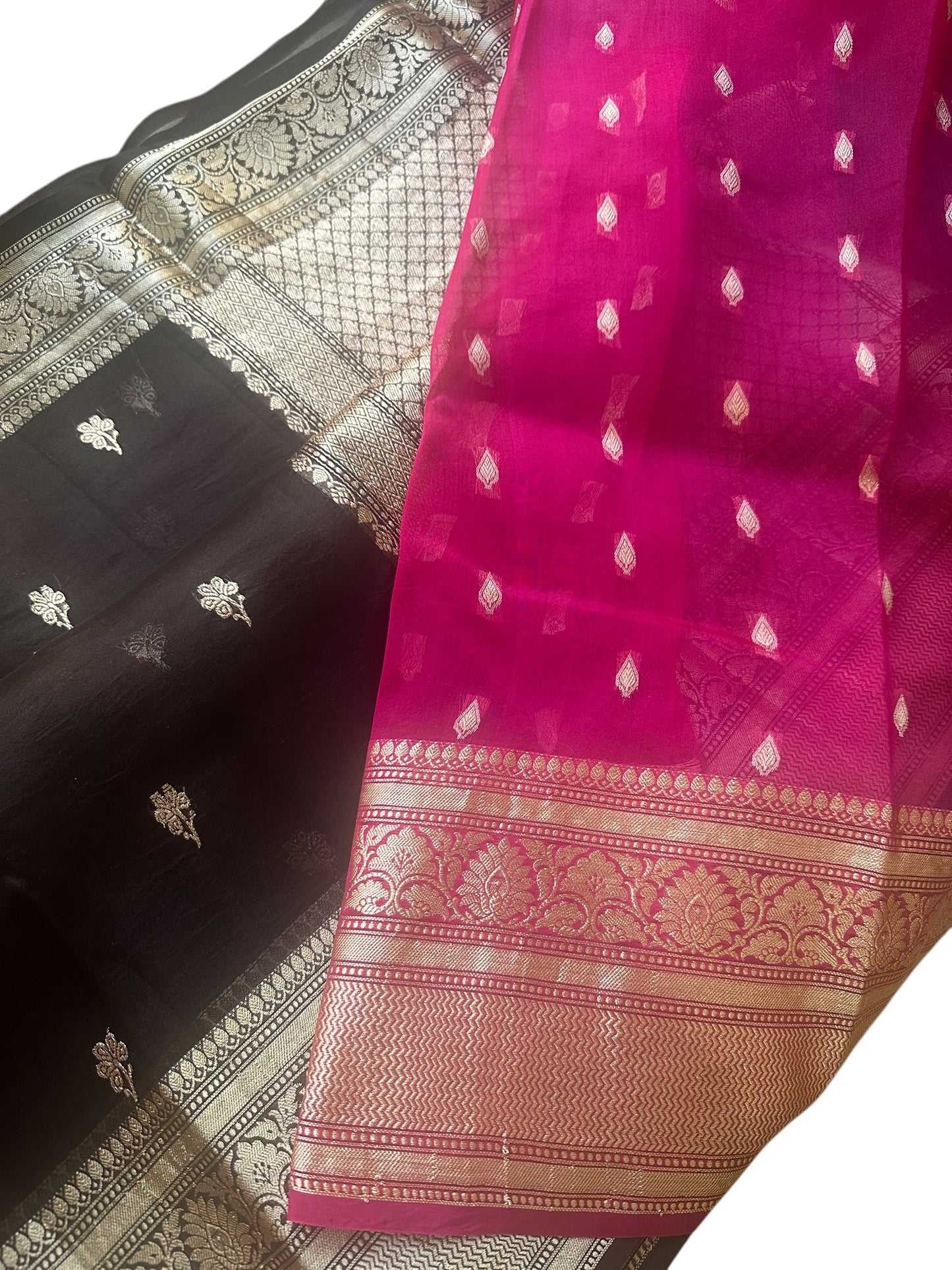 Coffee brown- Rani pink Pure organza silk saree