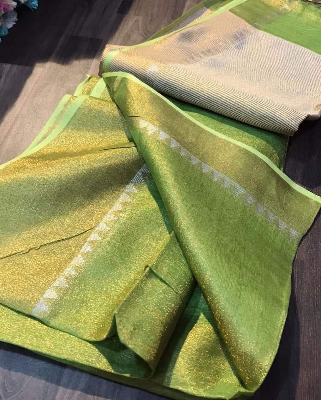 Parrot green tissue linen saree