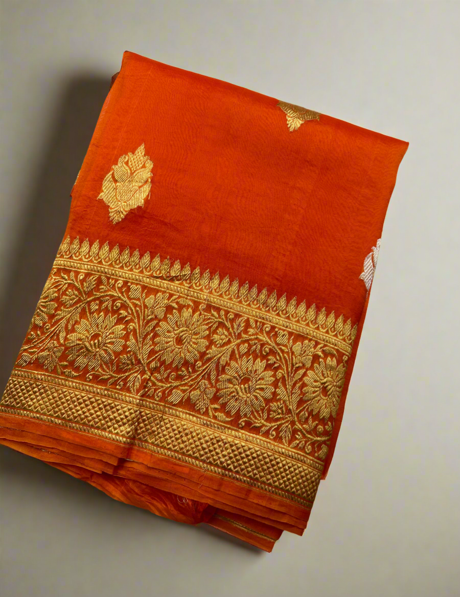 Fanta orange handloom pure organza saree