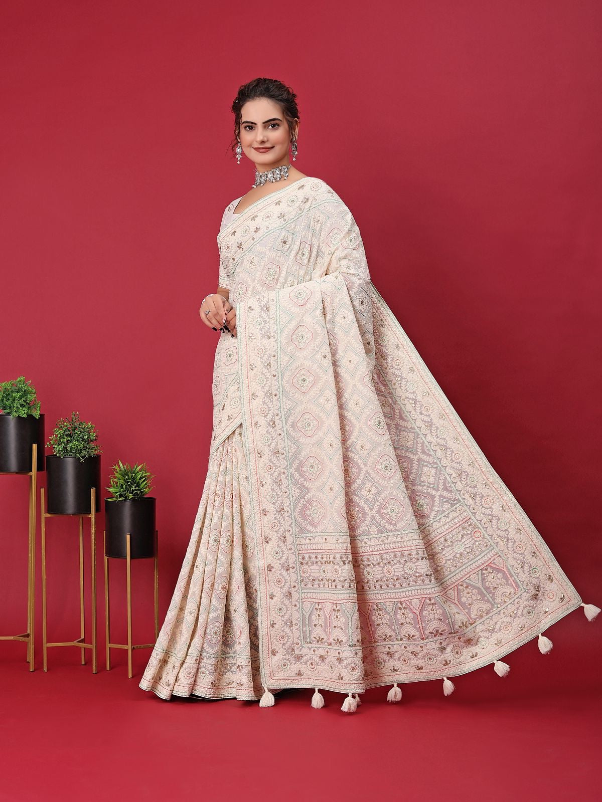 White embroidery saree