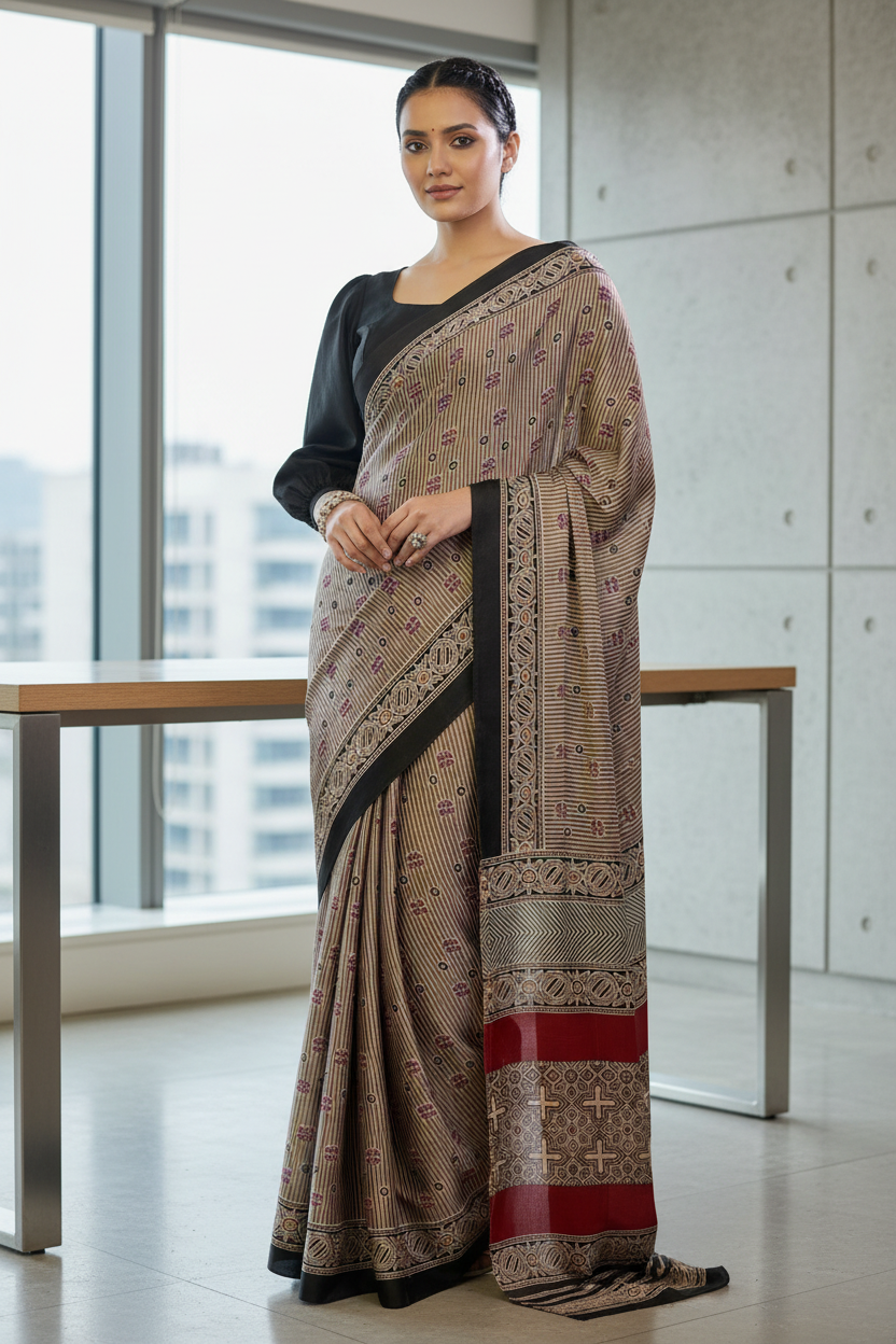 Stripes ajrak printed soft modal satin saree