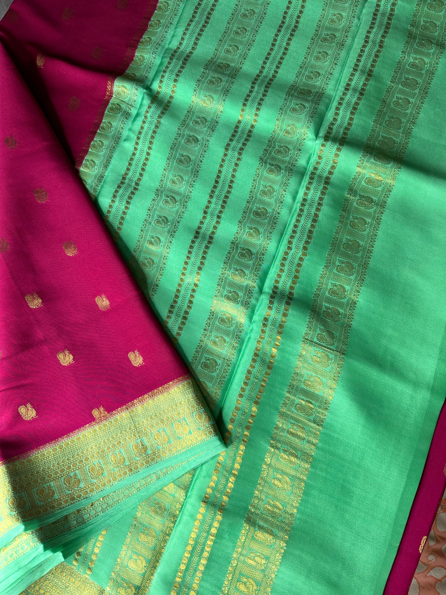 Magenta pink- teal green peacock butta pure crepe silk saree