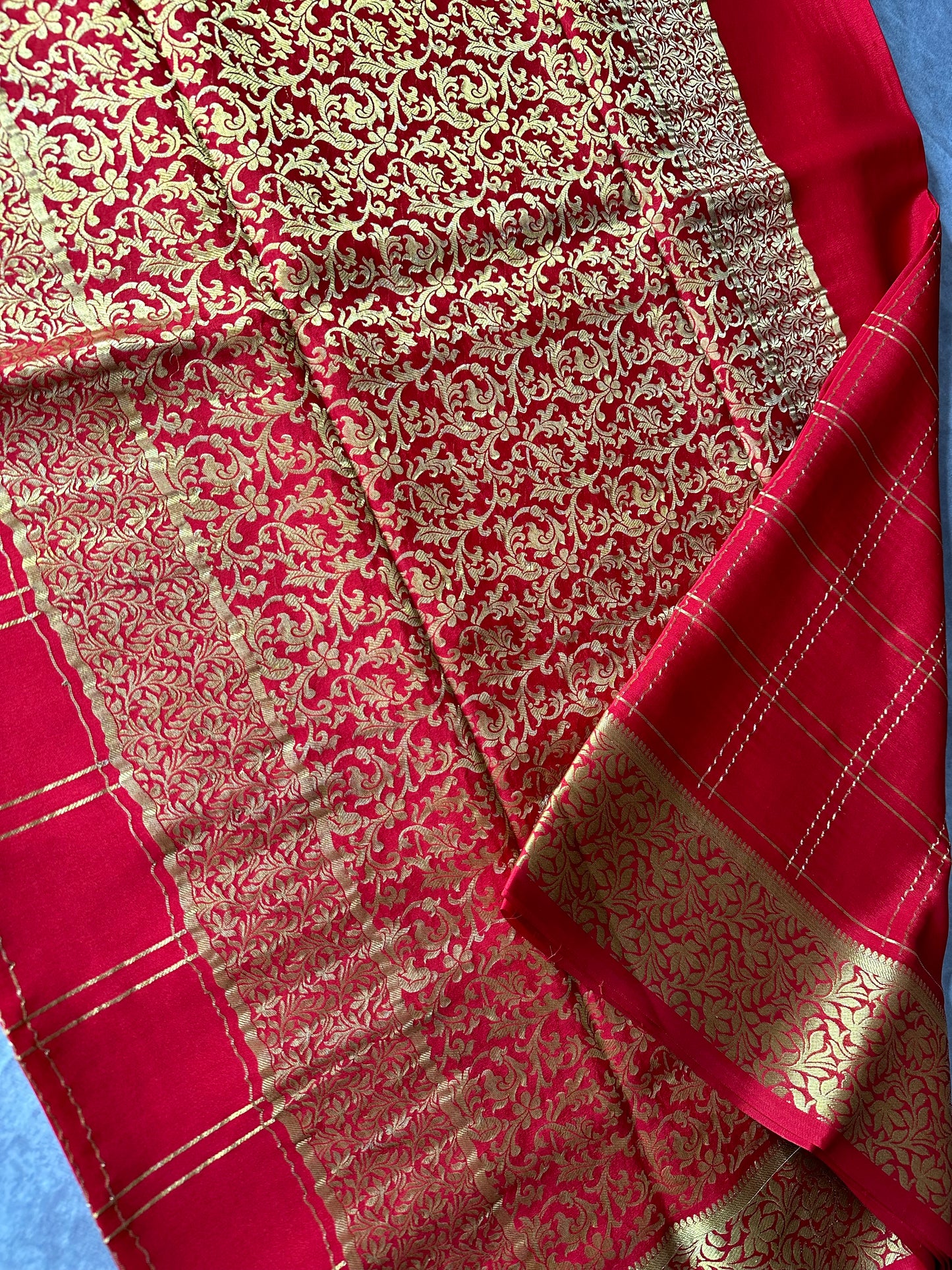 Red 3" TWIN CHECKS PURE CREPE SAREE
