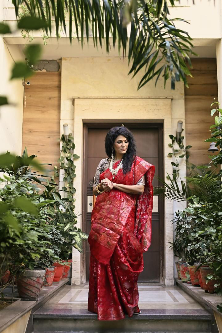 BRIGHT RED PURE CHINIYA SILK SAREE