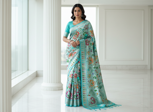 Teal green tissue tussar saree