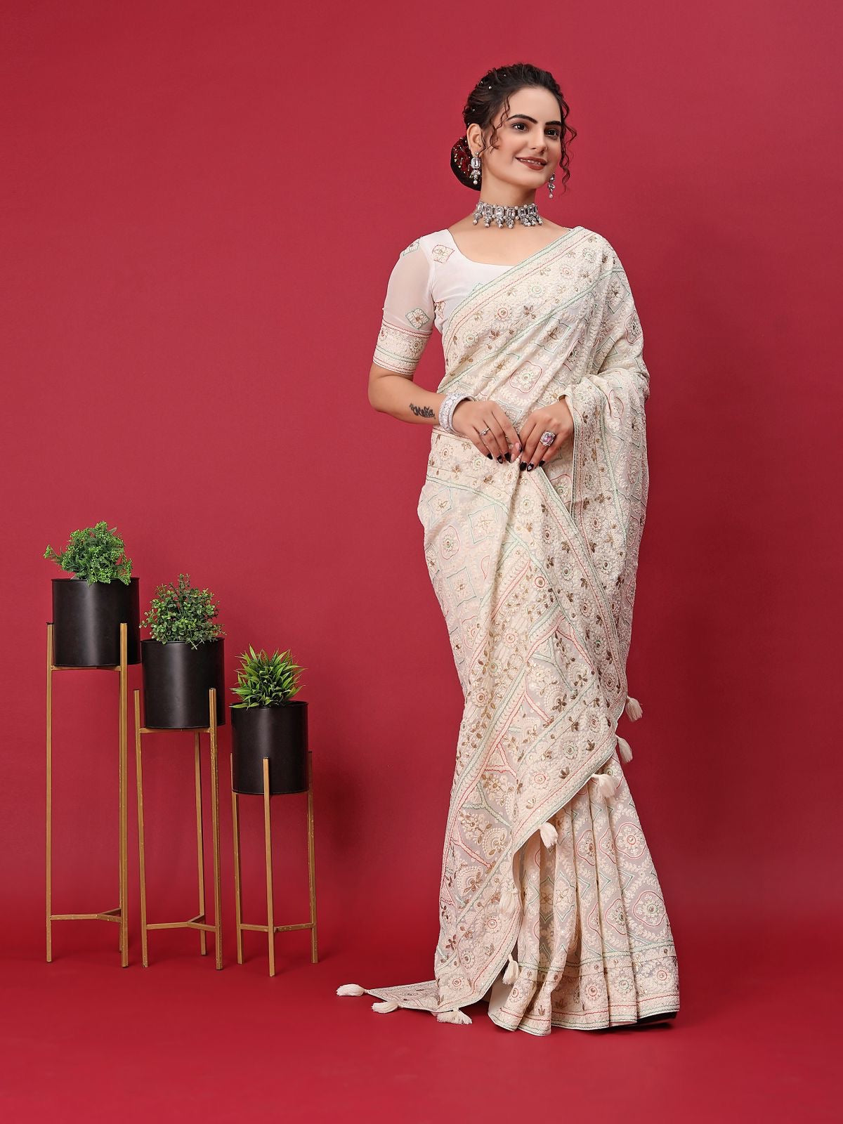 White embroidery saree