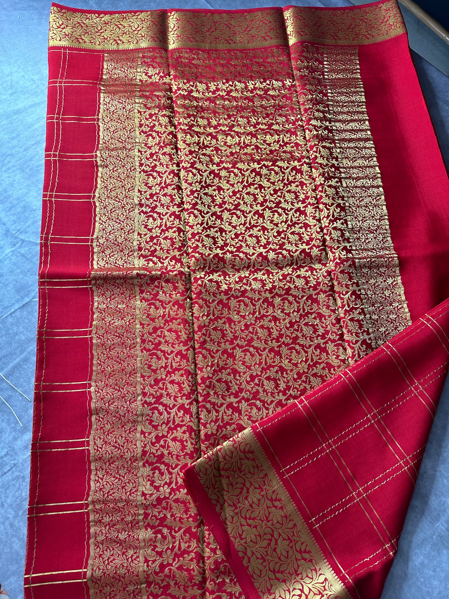 Red 3" TWIN CHECKS PURE CREPE SAREE