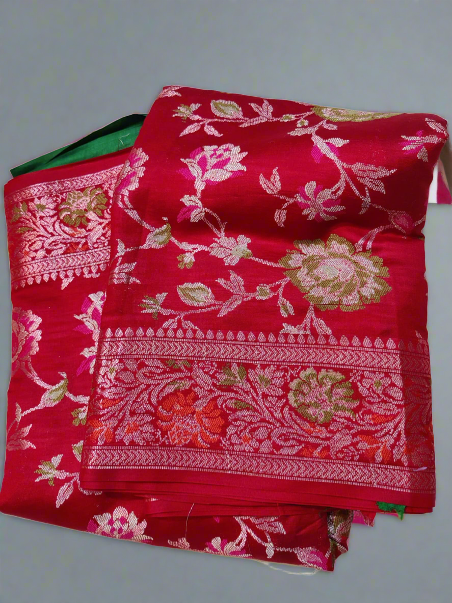 BRIGHT RED PURE CHINIYA SILK SAREE