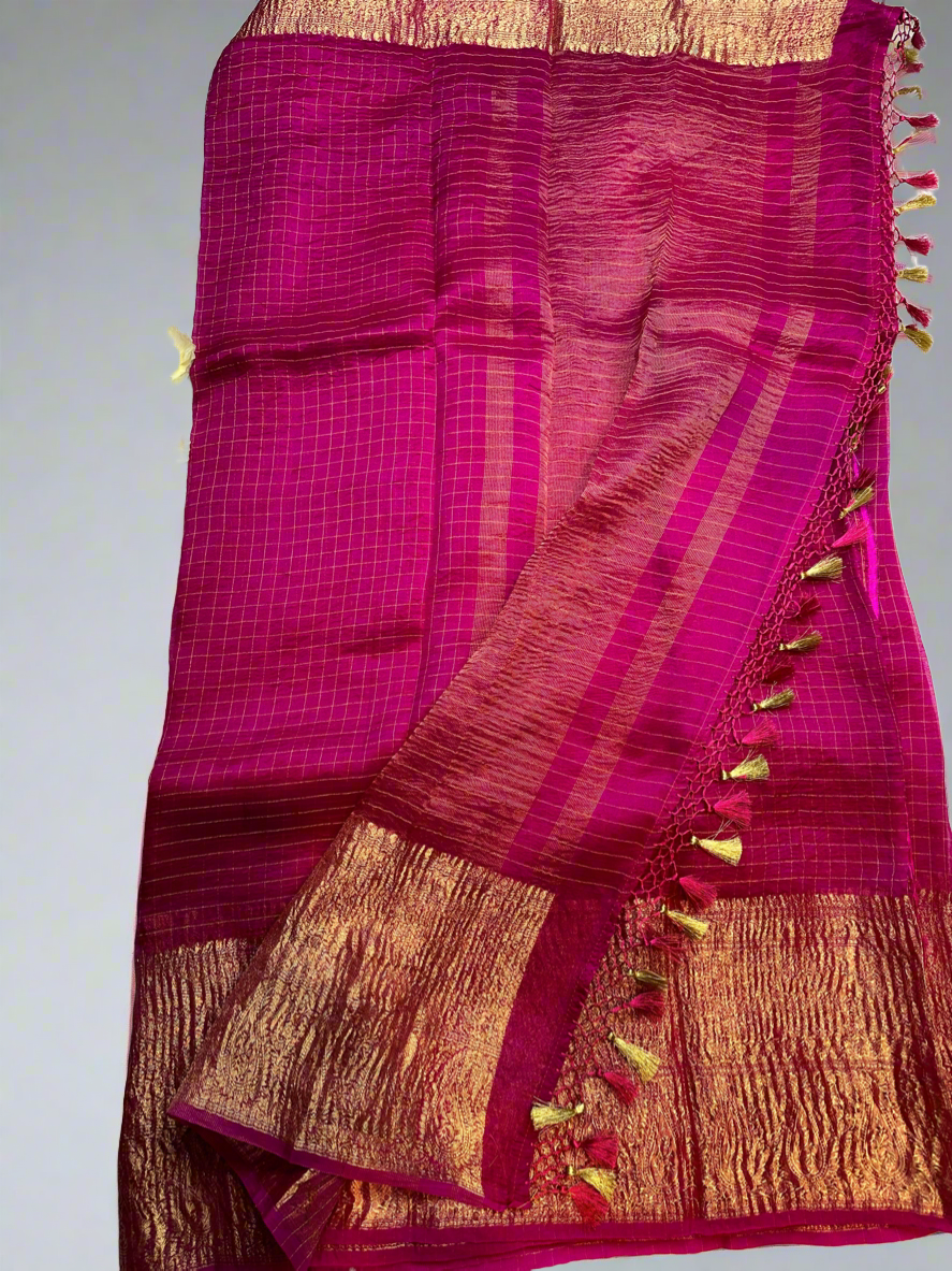 Rani pink organza checks saree