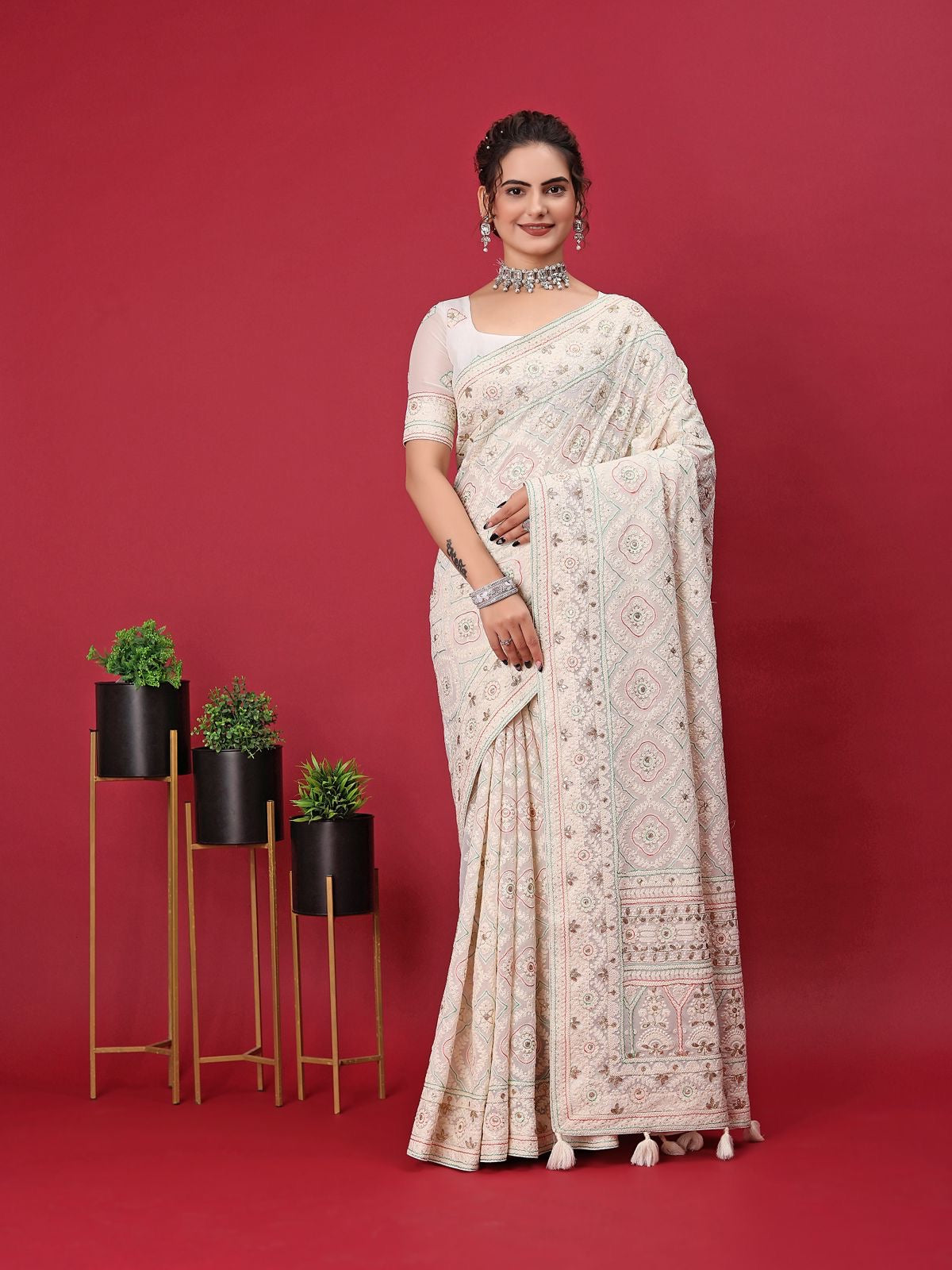 White embroidery saree