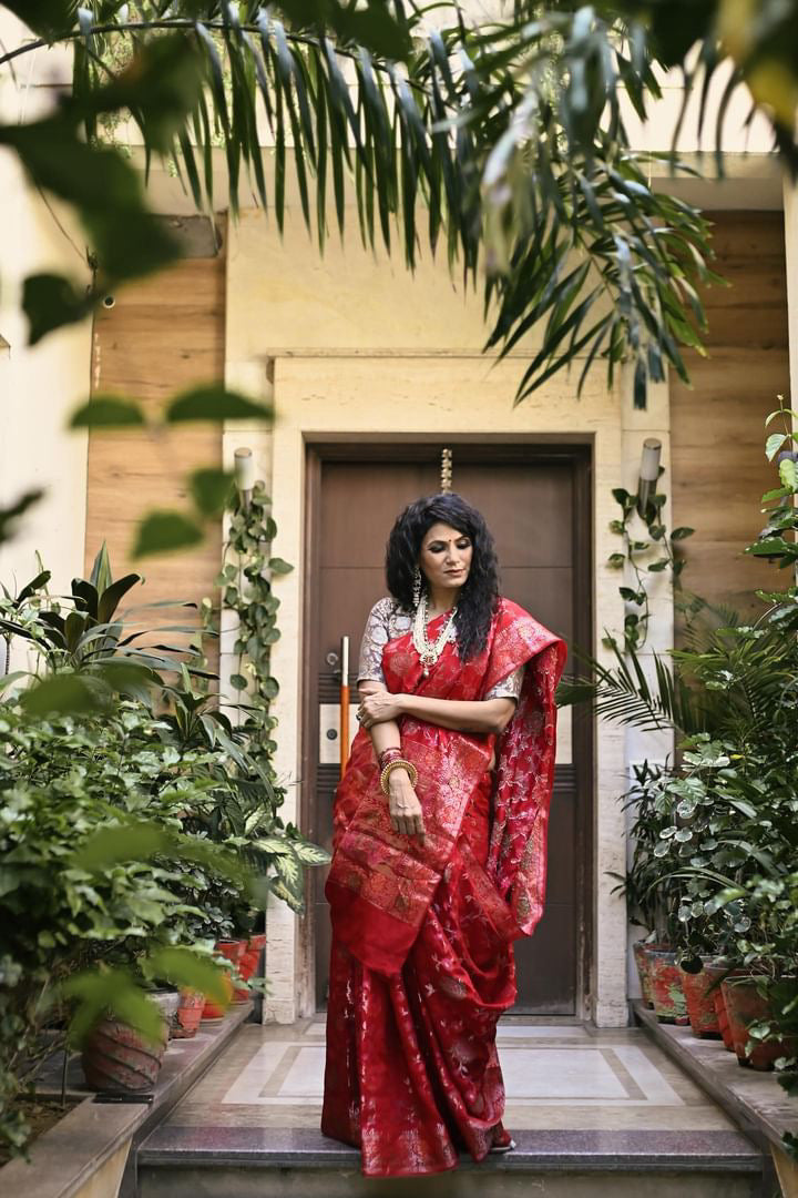 BRIGHT RED PURE CHINIYA SILK SAREE
