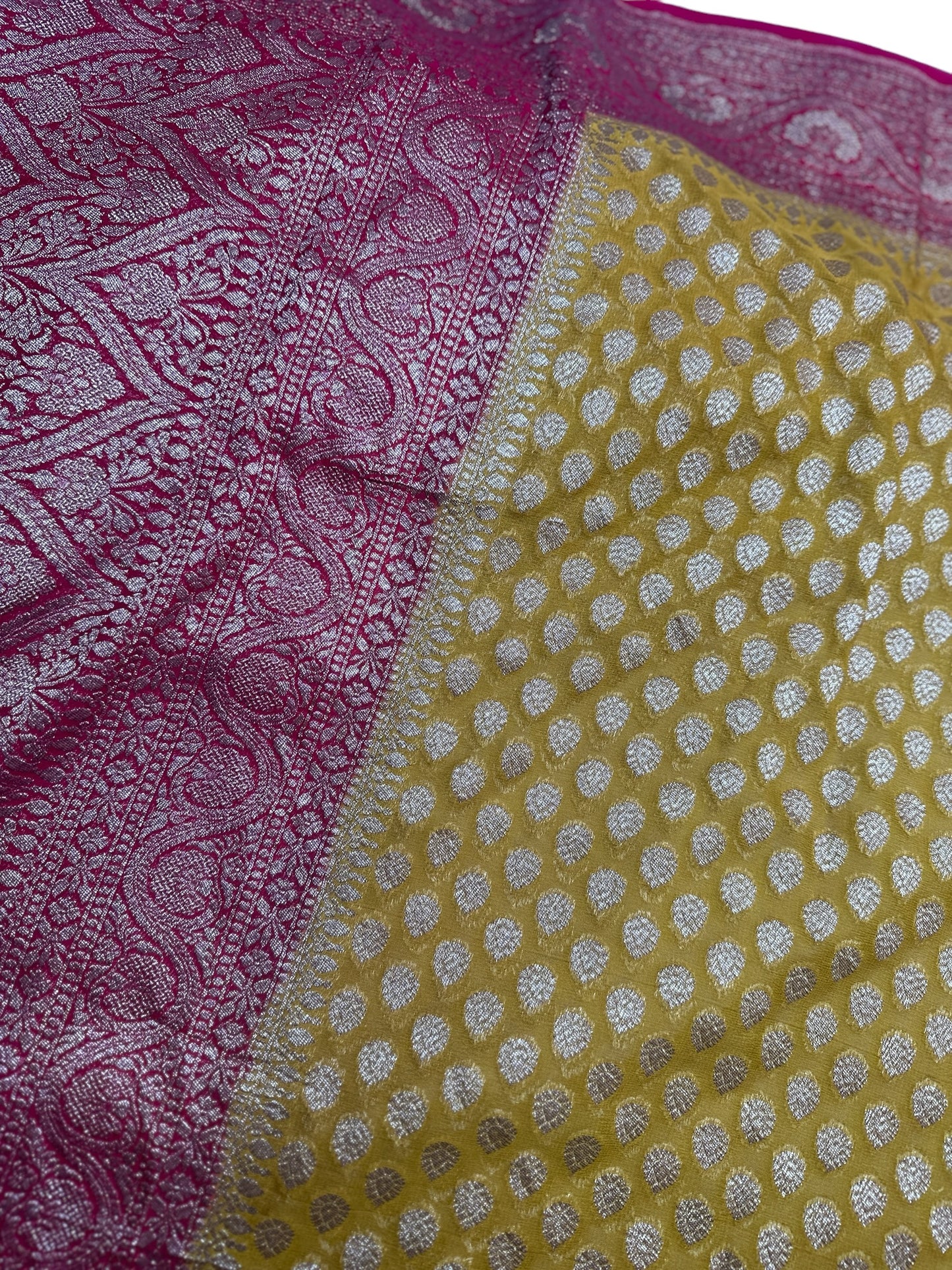 MUSTARD YELLOW WITH RED ANTIQUE ZARI PURE KHADDI GEORGETTE SAREE