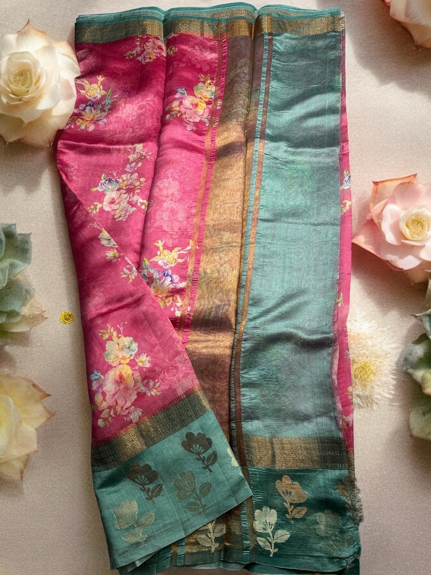 PINK-RAMA GREEN DIGITAL PRINT PURE CHINIYA SILK SAREE