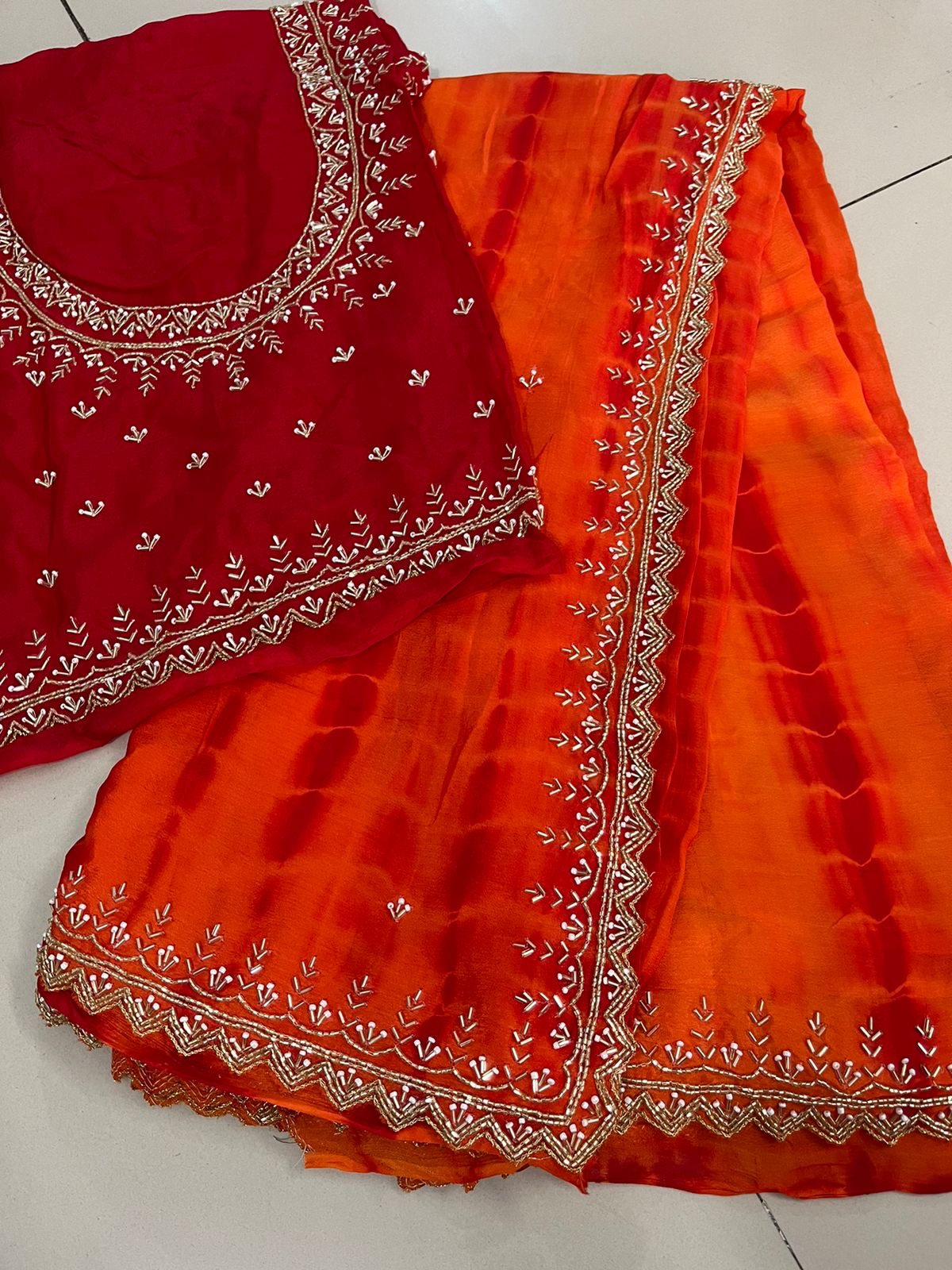 ORANGE - RED CREPE SAREE