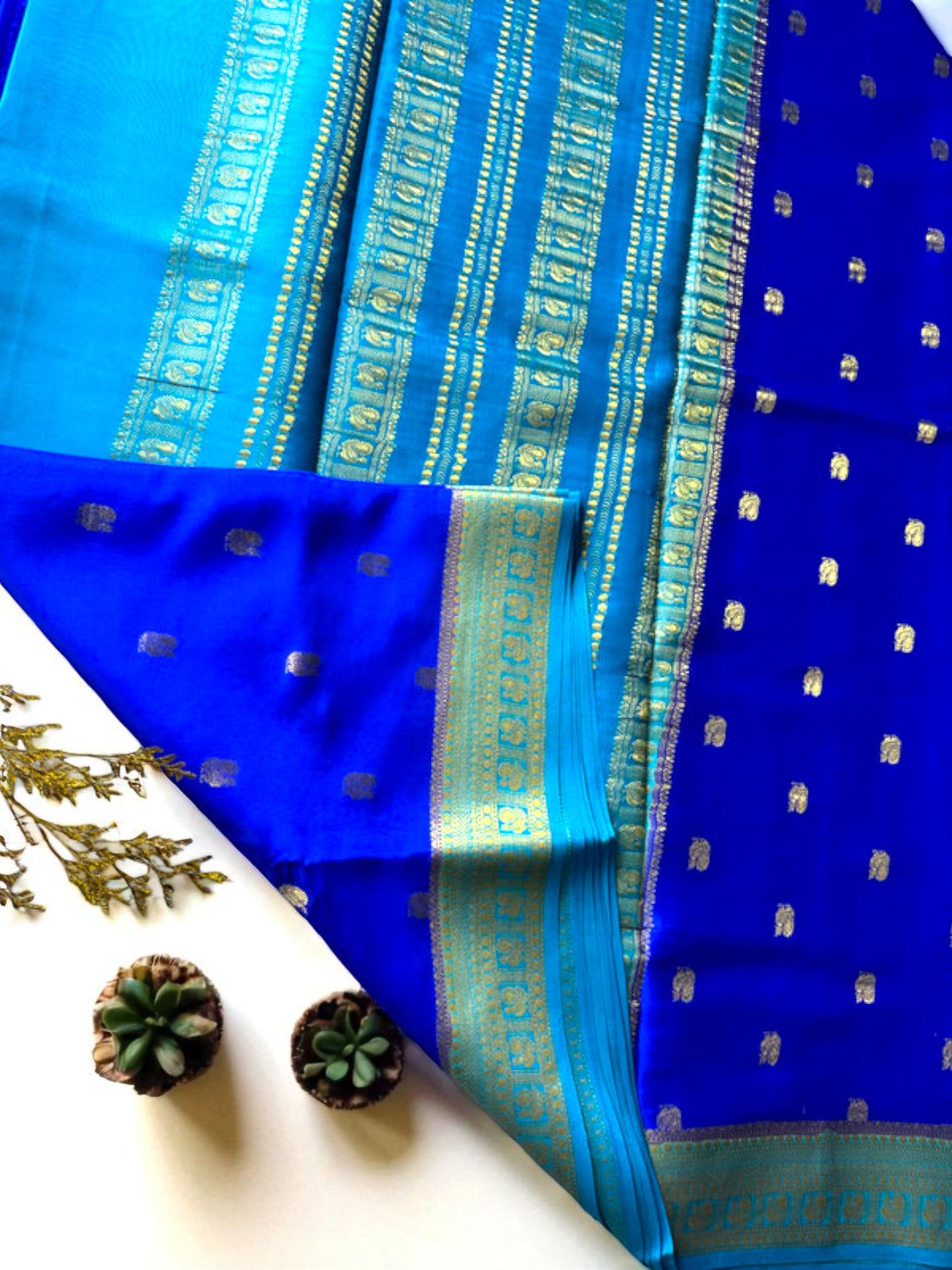 Navy blue- sea green peacock butta pure crepe silk saree