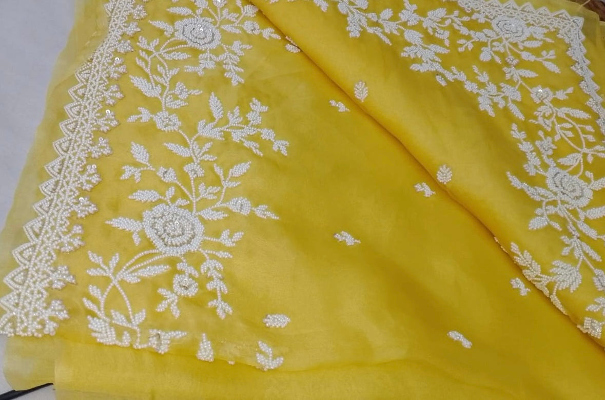 Pearl Yellow organza hand embroidery saree