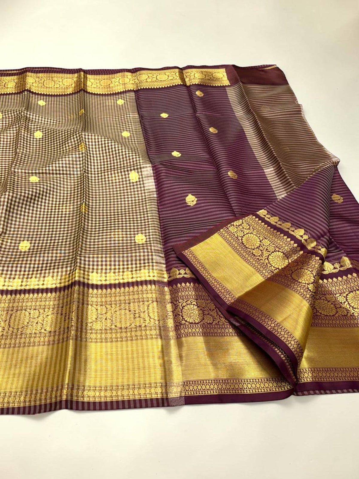Brown checkered semi silk saree