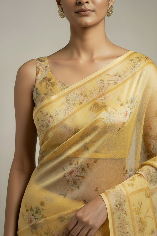 Butter yellow pure printed organza saree