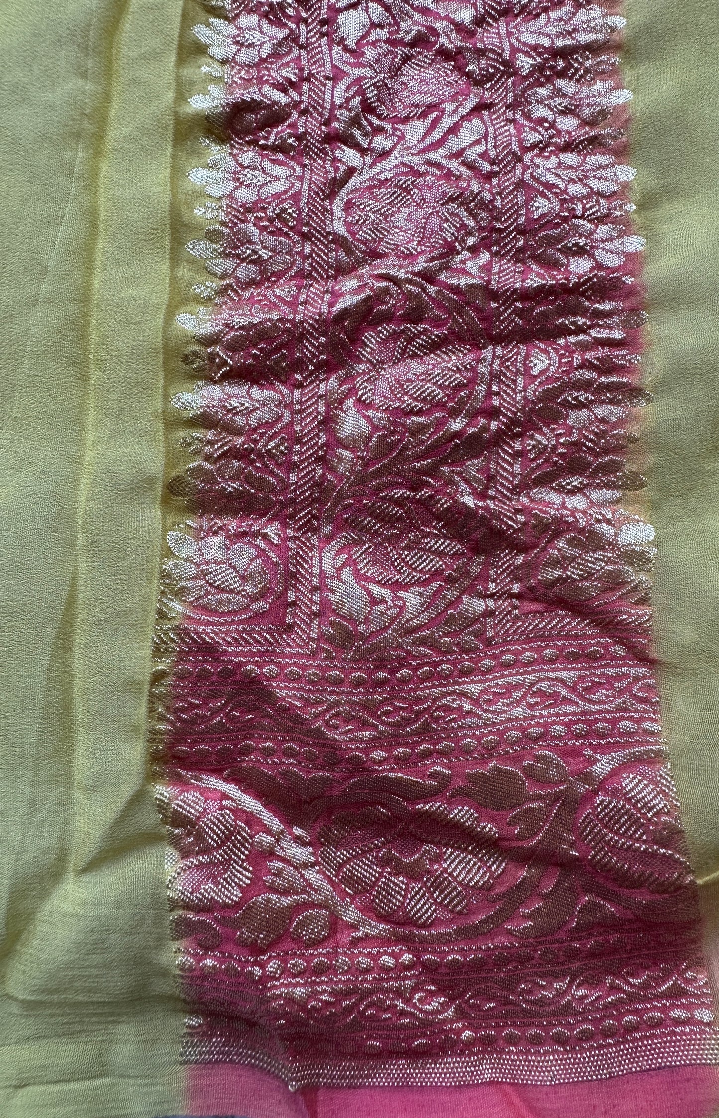 Yellow- pink pure gerogette saree