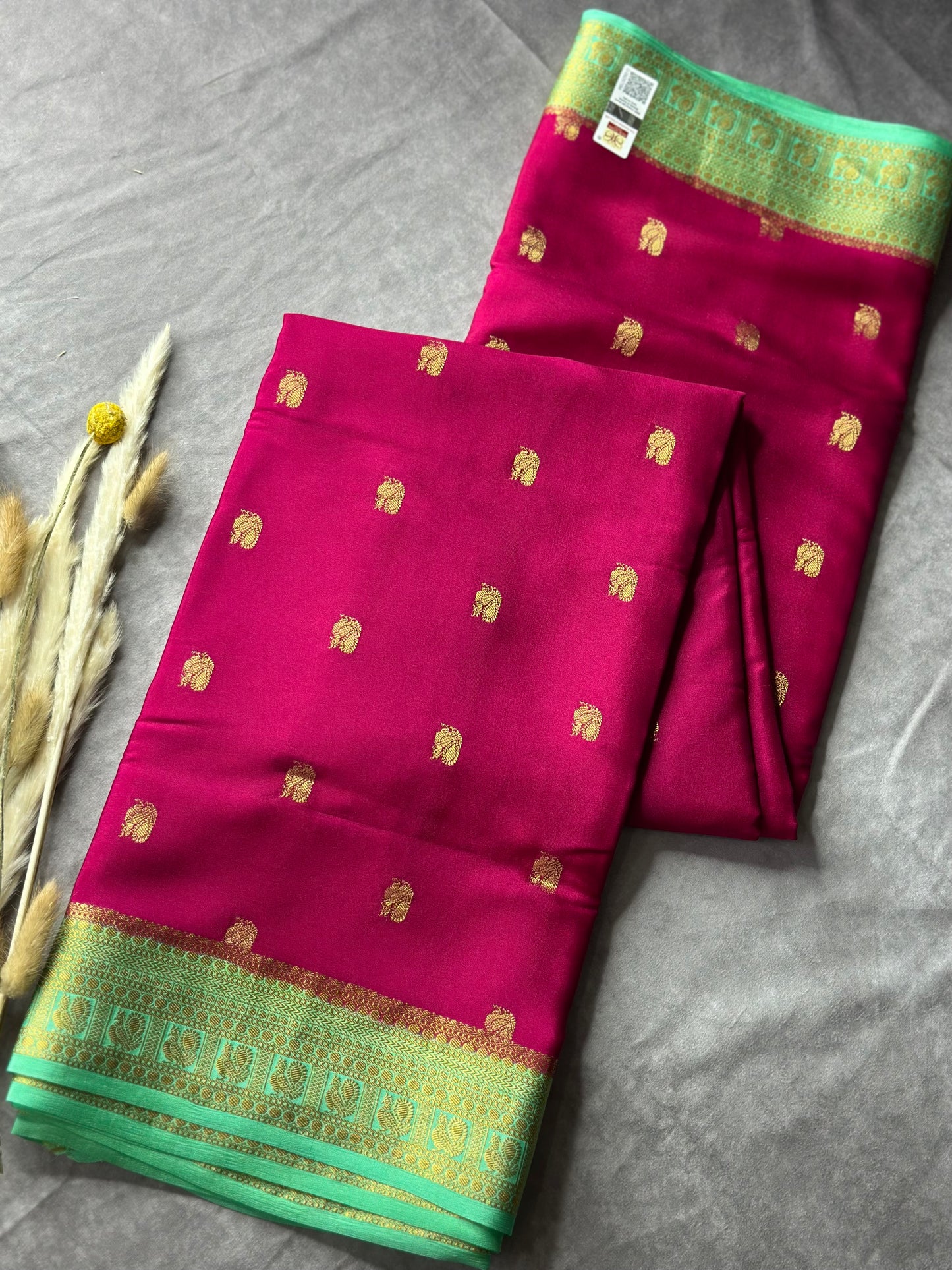 Magenta pink- teal green peacock butta pure crepe silk saree