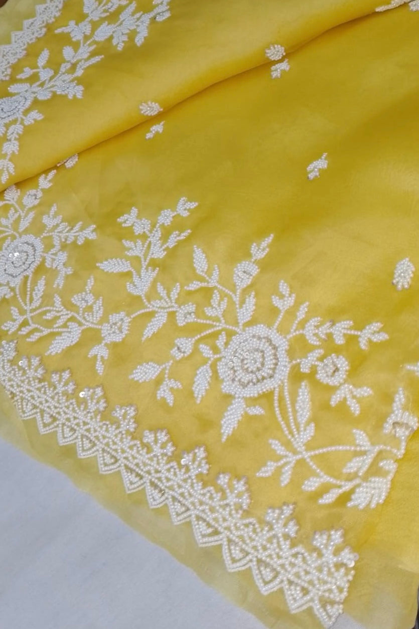 Pearl Yellow organza hand embroidery saree