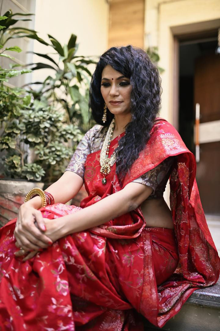 BRIGHT RED PURE CHINIYA SILK SAREE