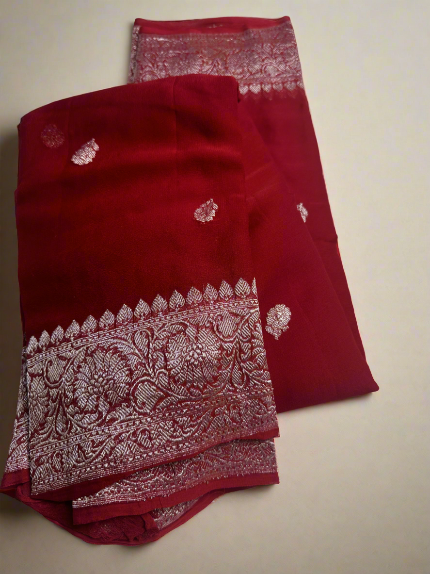 DEEP RED CHIFFON GEORGETTE WITH SILVER BUTTA SAREE