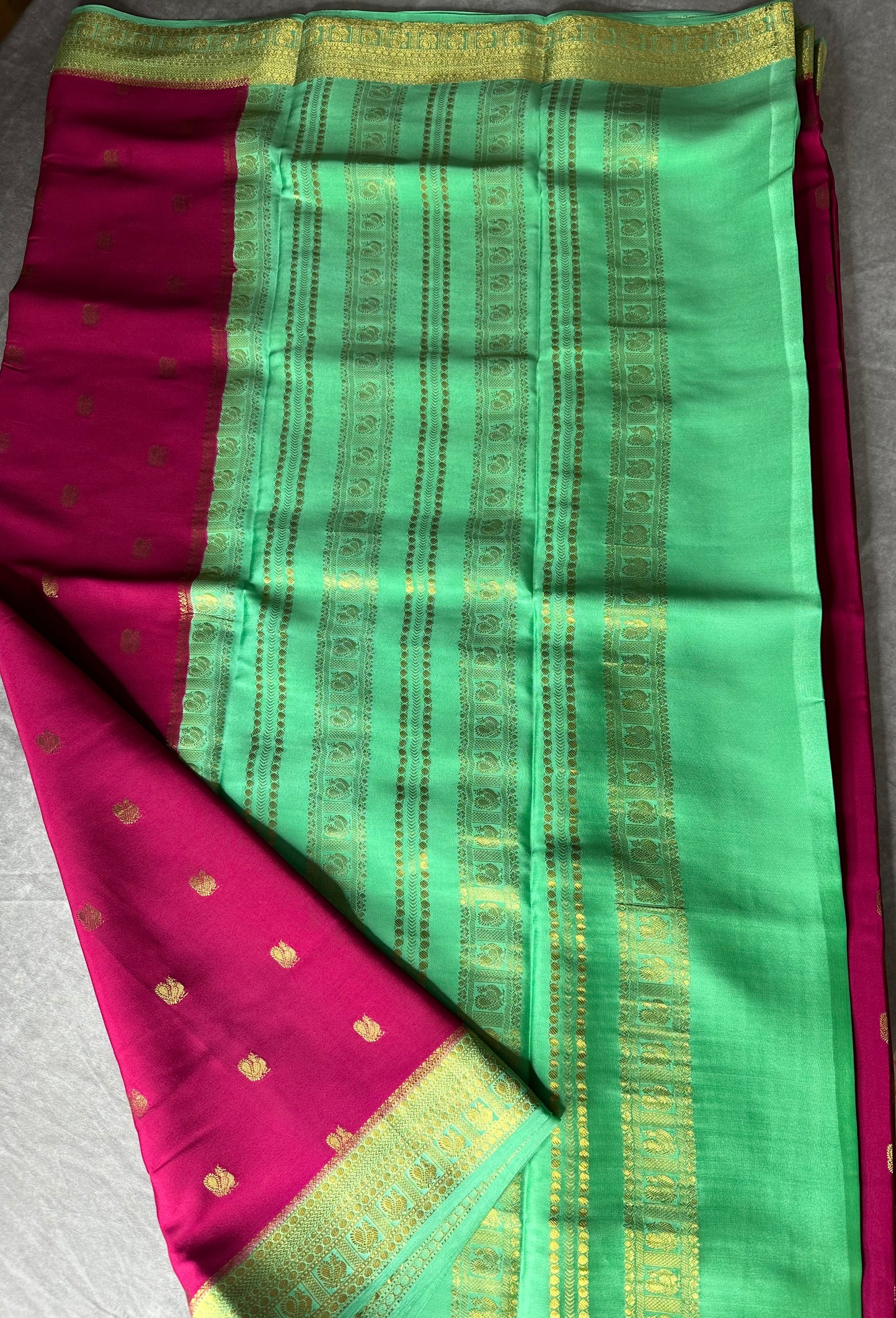 Magenta pink- teal green peacock butta pure crepe silk saree