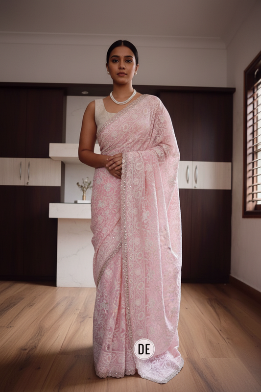 Pink blossom Chikankari saree