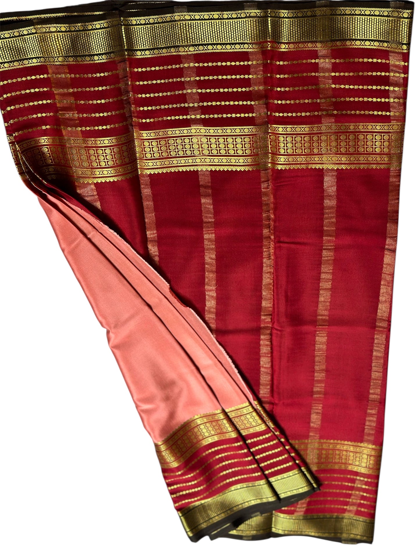 Peach Pink- red wine- black pure crepe 3D big bentex lines saree