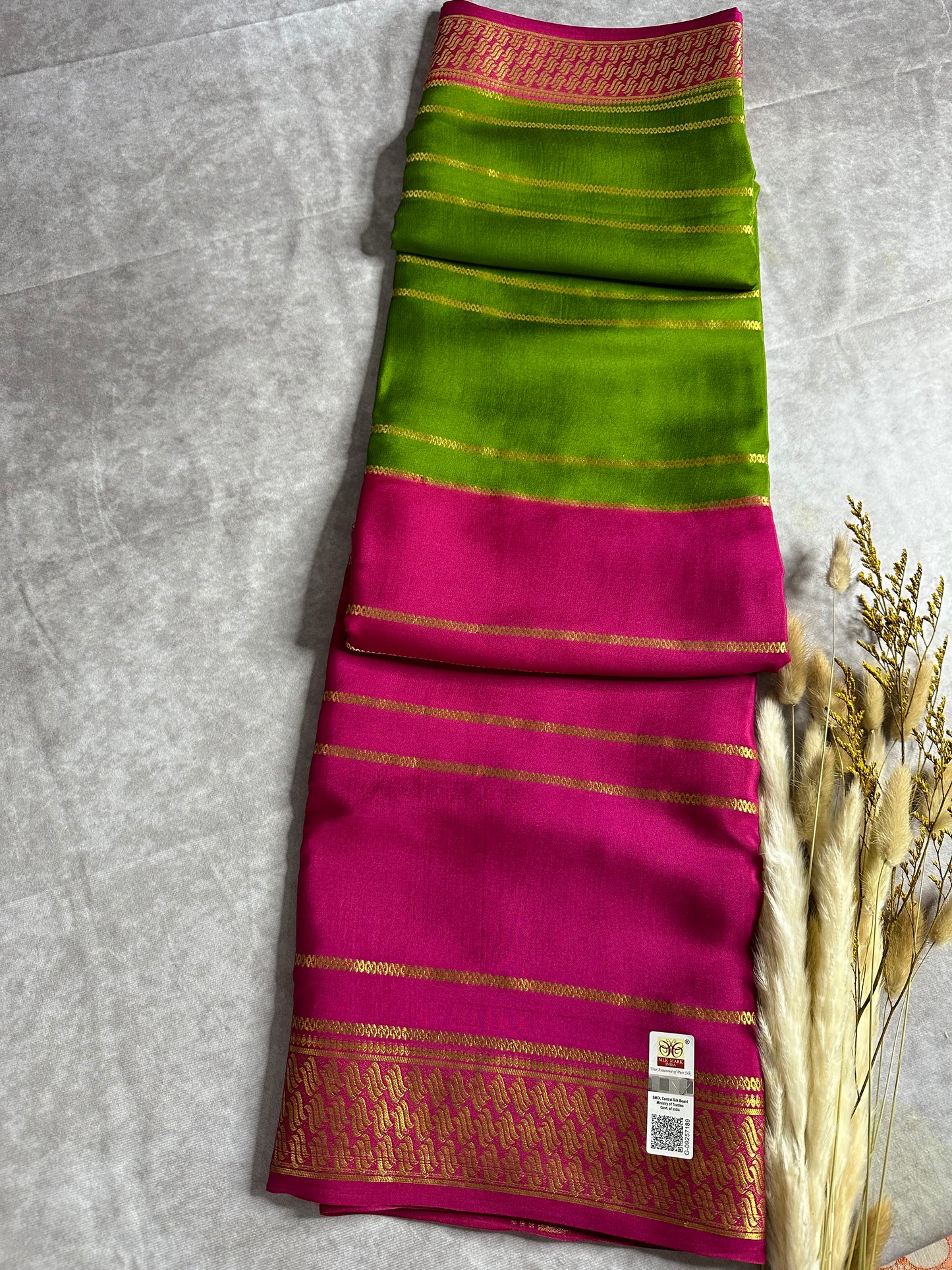 Rani pink-green fancy 1/2 X 1/2 stripes crepe silk saree