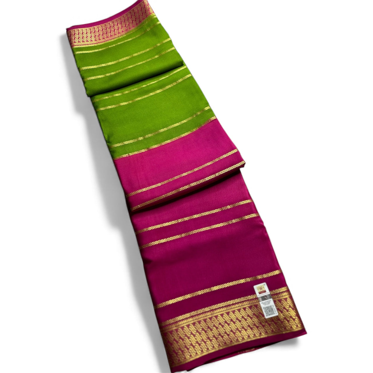 Rani pink-green fancy 1/2 X 1/2 stripes crepe silk saree