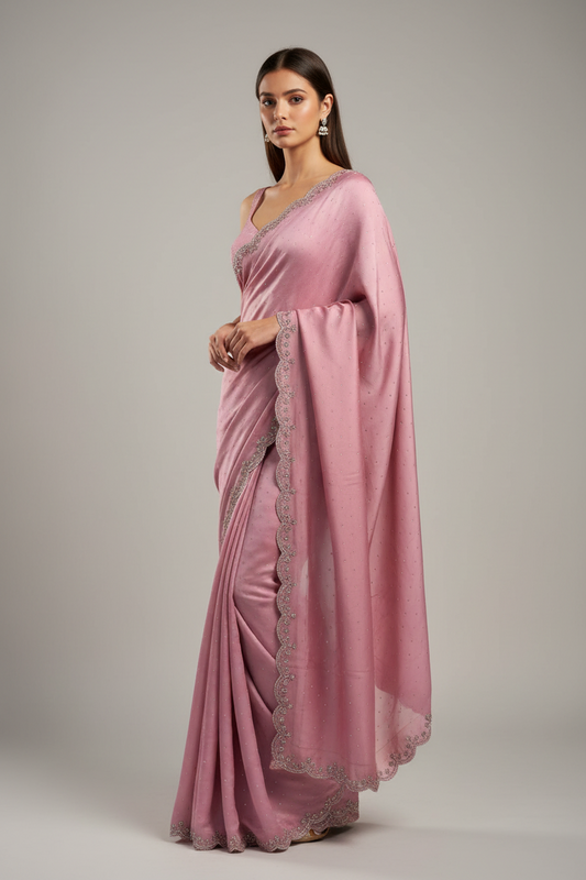 Pink with diamond work saree-2