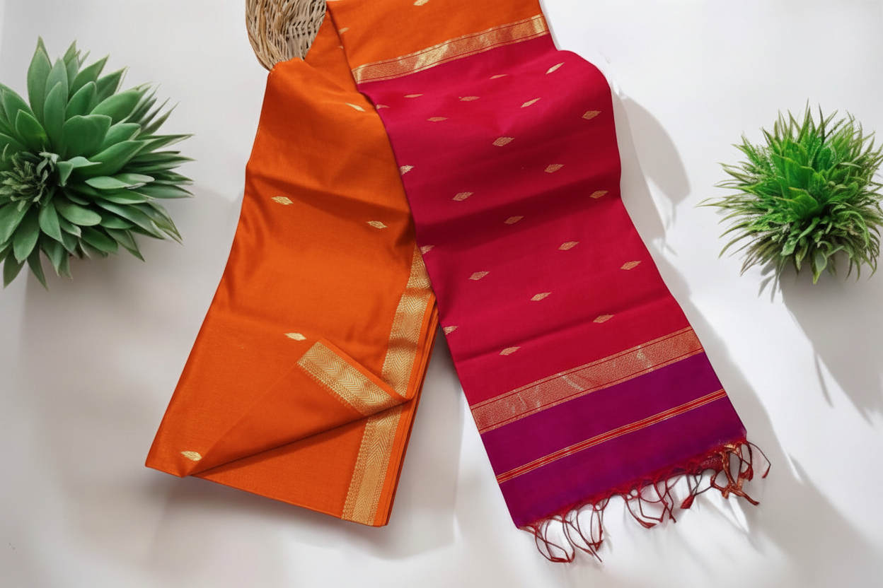 Orange - Magenta pink Star handloom silk saree