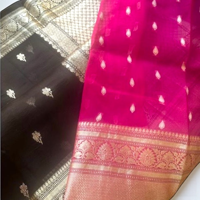 Coffee brown -Rani pink pure organza silk saree