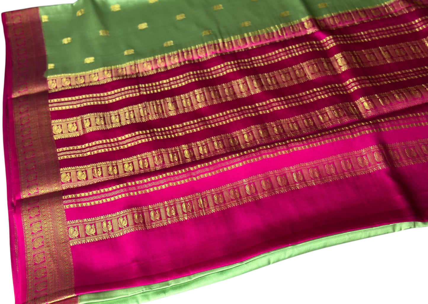 Mint green-magenta pure crepe swan silk saree