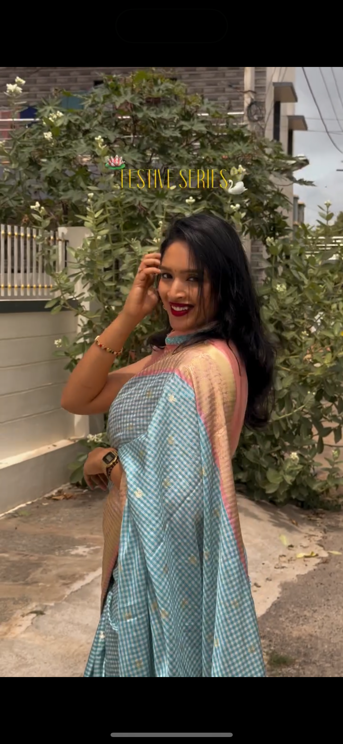 Light Blue checkered semi silk saree