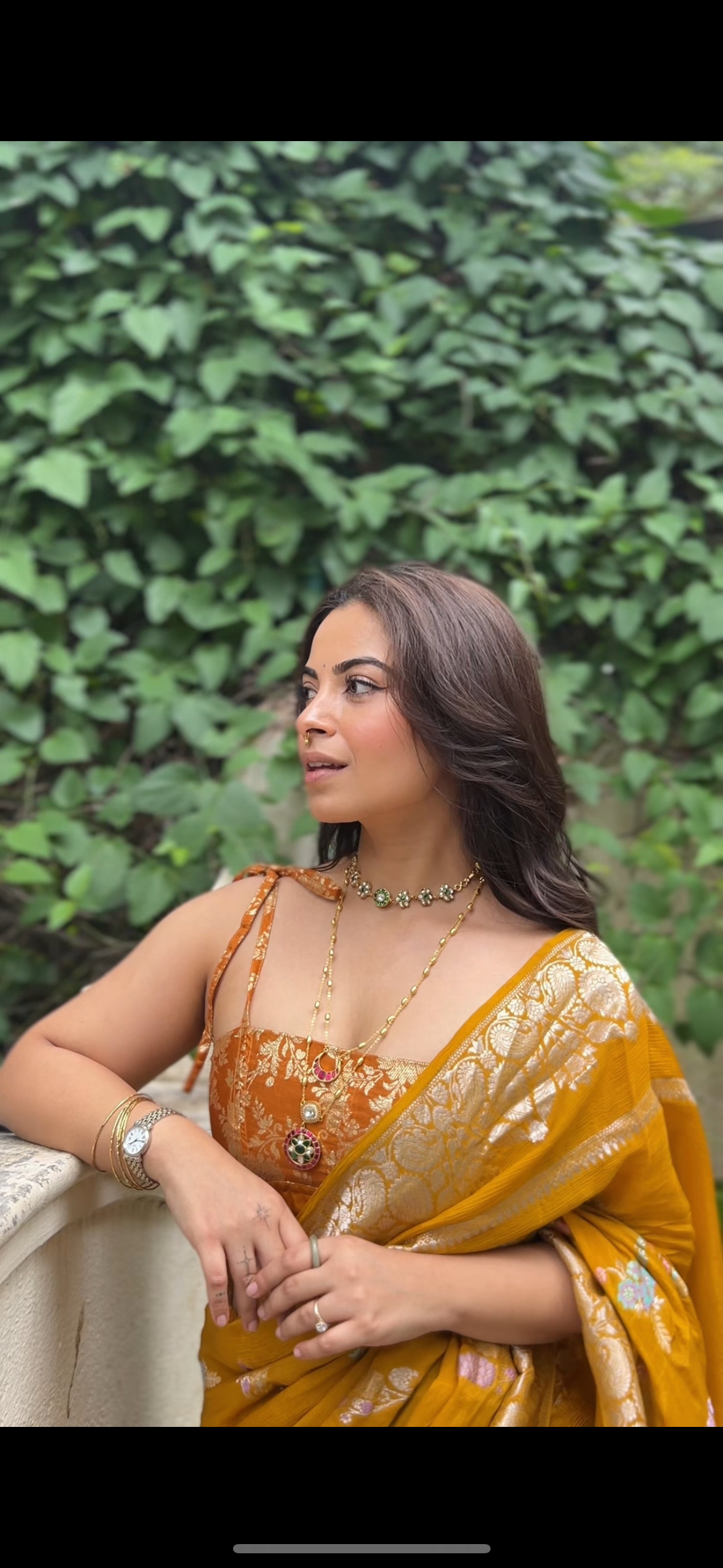 Mustard yellow crepe saree