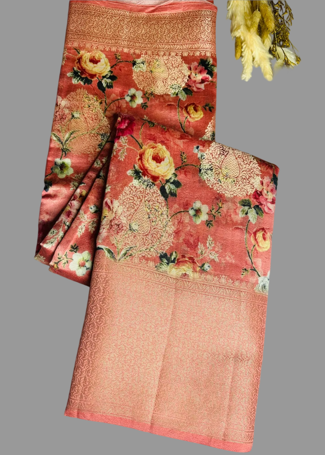 Pink printed pure chiniya silk saree