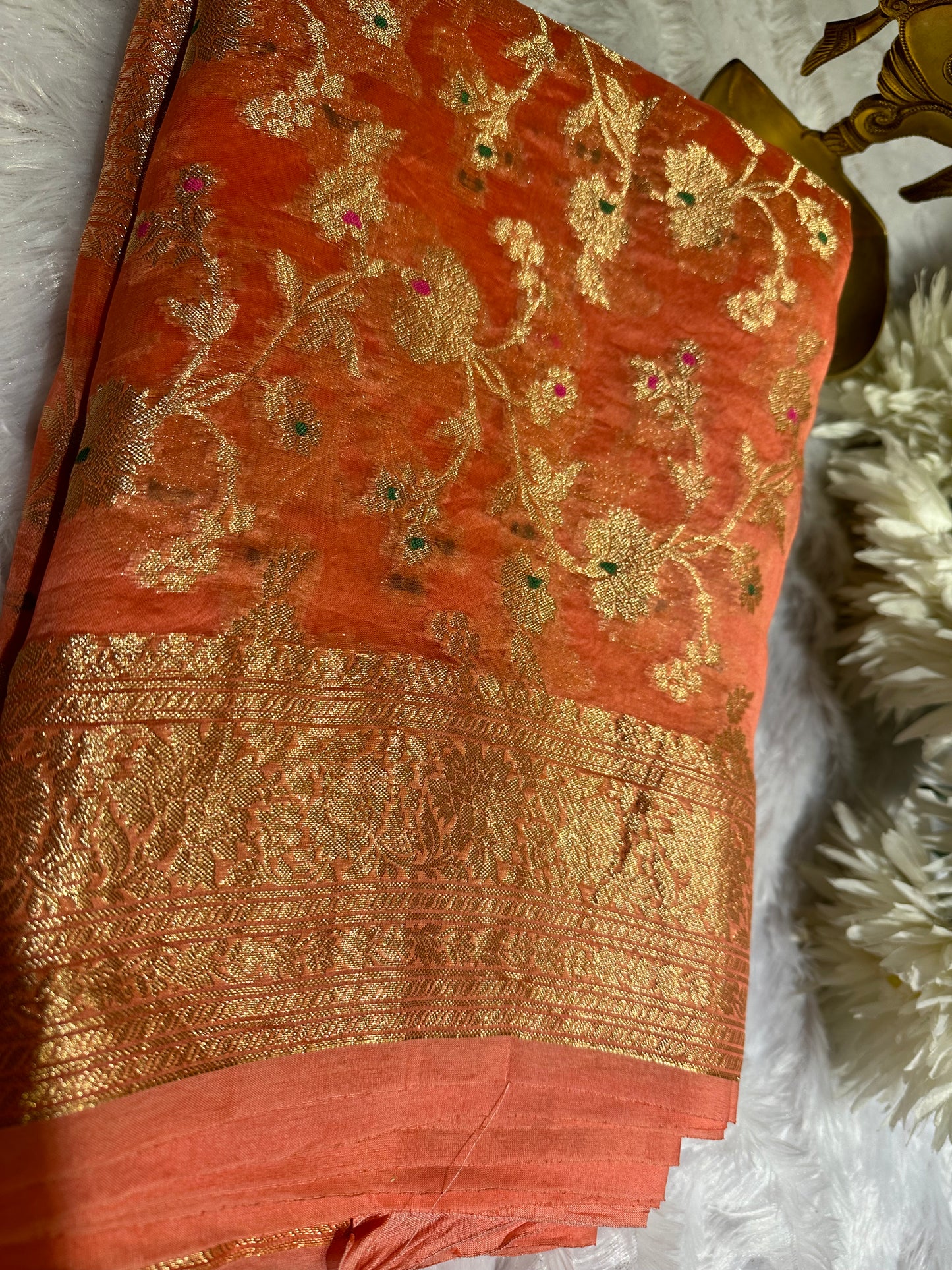 Peach organza meenakari silk saree
